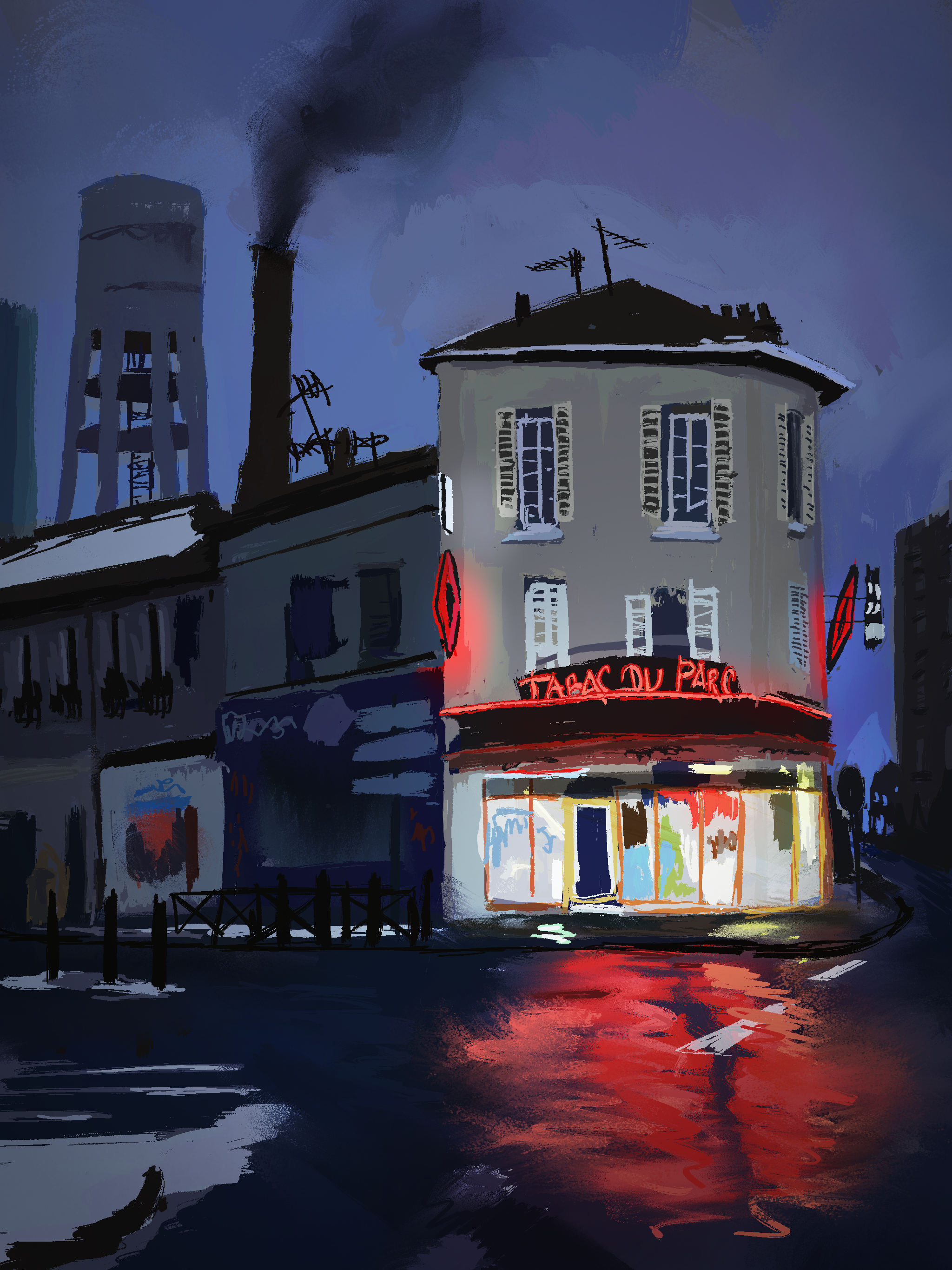 Peinture numérique d’une rue de nuit, éclairée par une devanture rouge